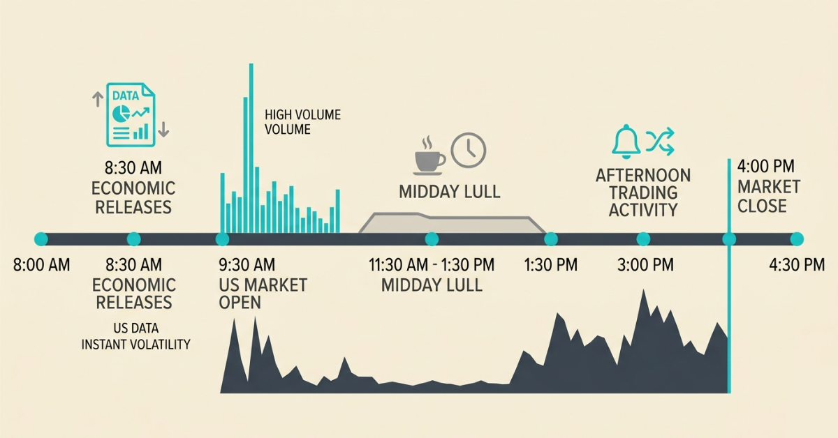 NAS100 trading session timeline highlighting the most active market hours