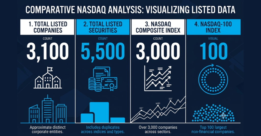 Difference between Nasdaq companies, securities, Composite stocks, and Nasdaq-100 components