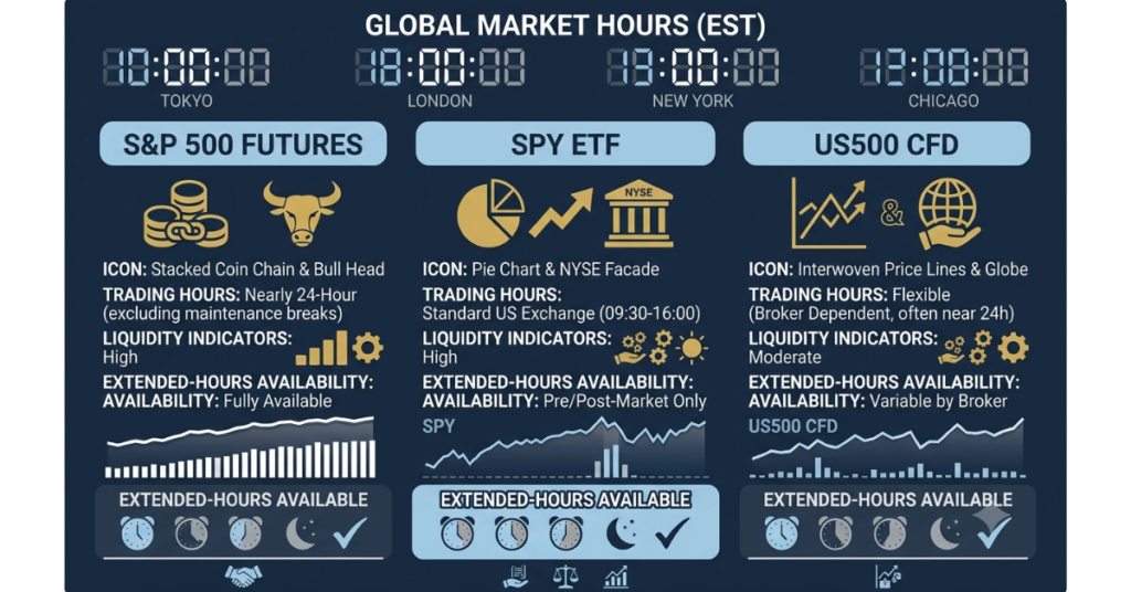 Comparison of S&P 500 futures, ETFs, and CFDs available for after-hours trading