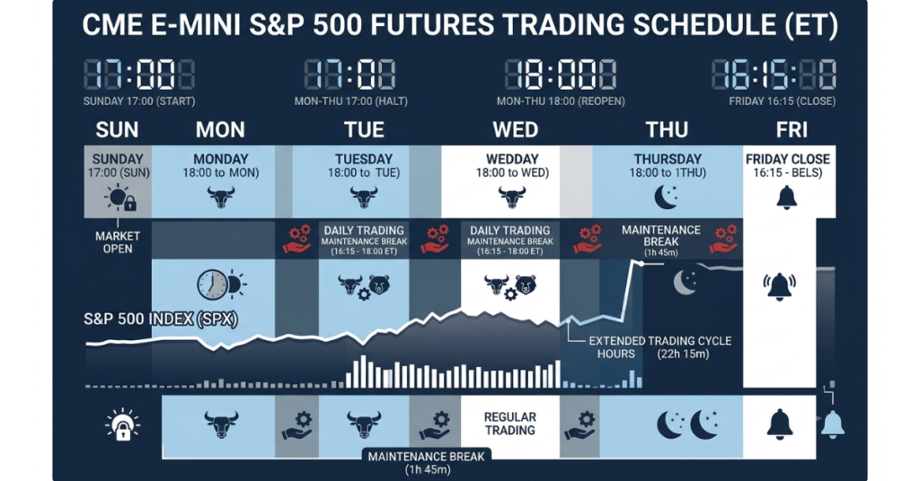 Timeline of S&P 500 futures trading hours showing nearly 24-hour weekday market access