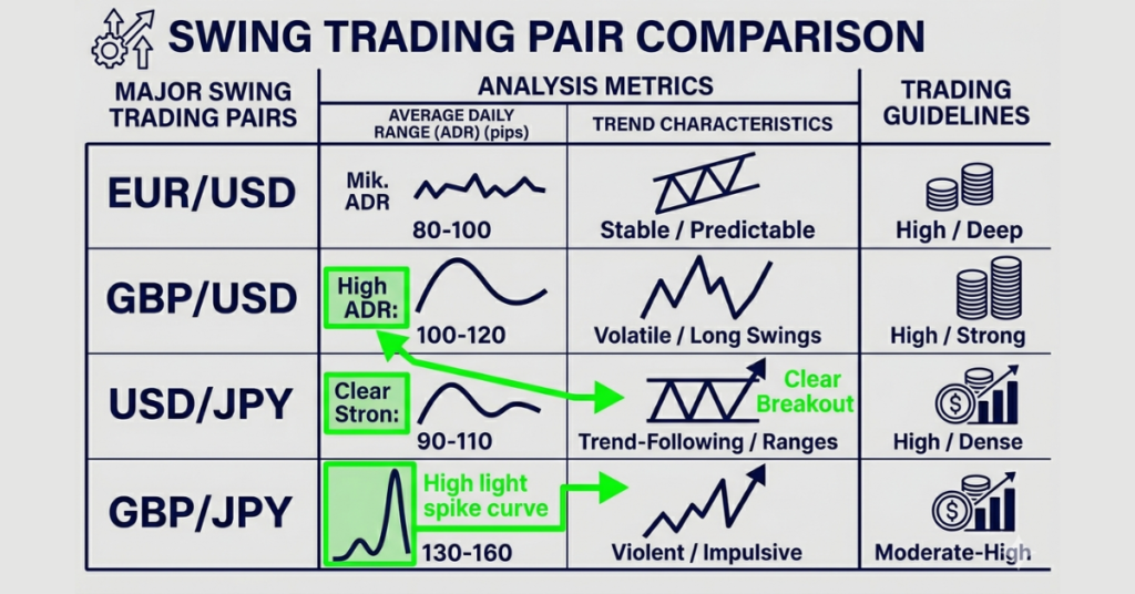 Comparison of the best forex pairs for swing trading and their average daily ranges