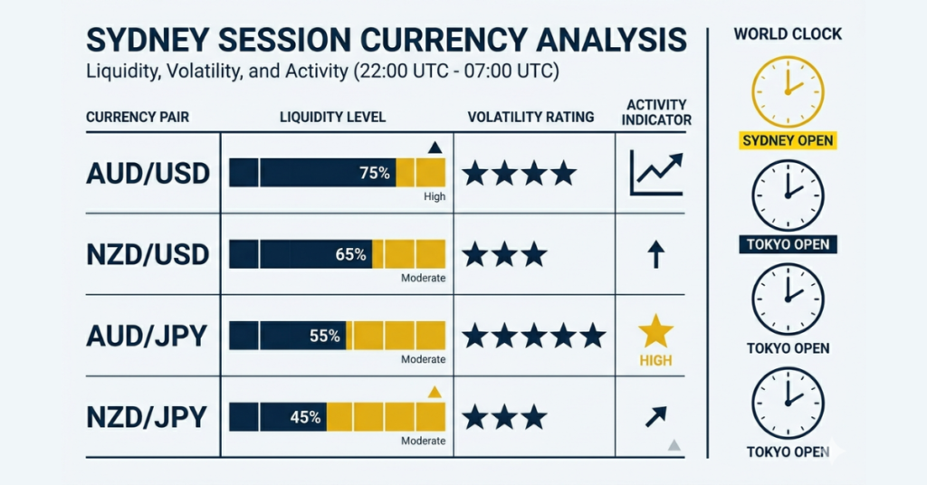 Comparison of top Sydney session forex pairs by liquidity and volatility