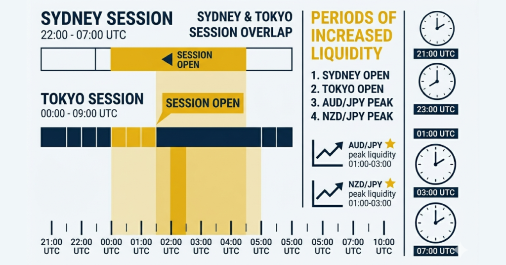 Sydney and Tokyo trading session overlap showing peak activity for yen crosses