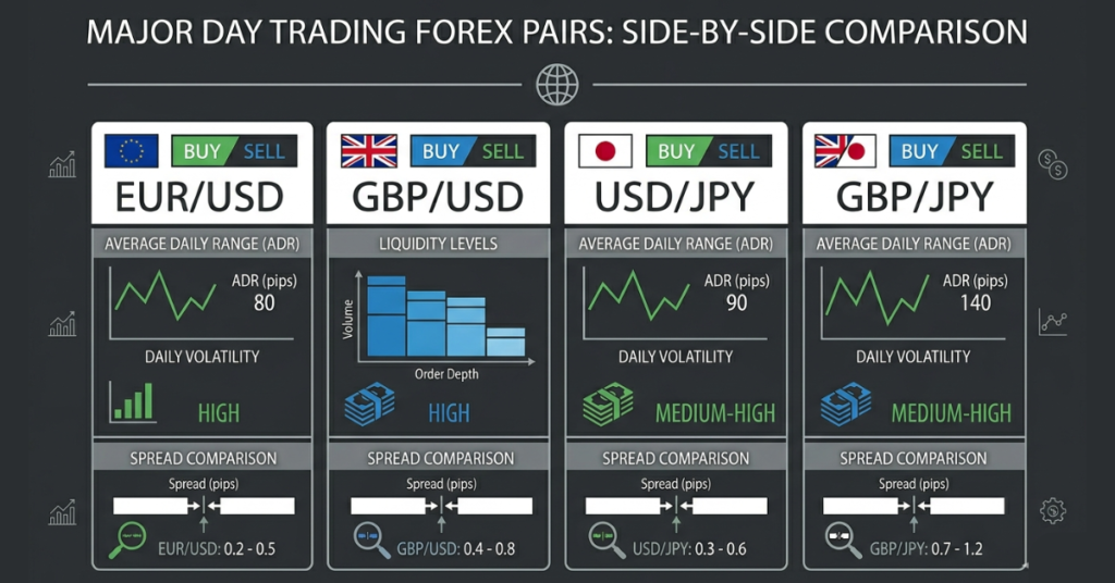 Comparison of the best forex pairs for day trading based on liquidity, volatility, and spreads.