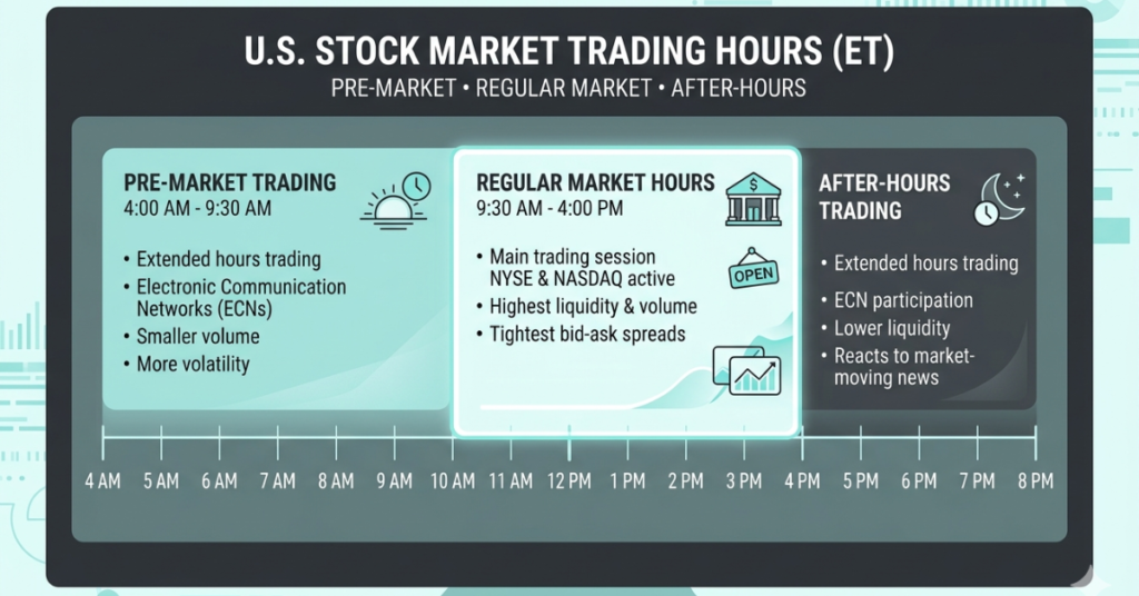 US stock market trading hours including pre-market and after-hours sessions