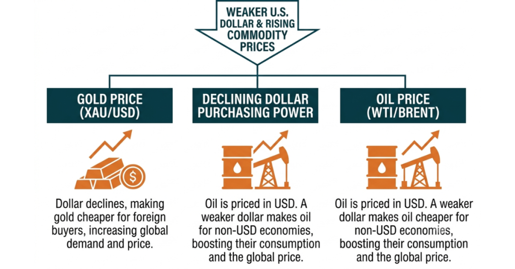 Weak dollar impact on gold and oil prices