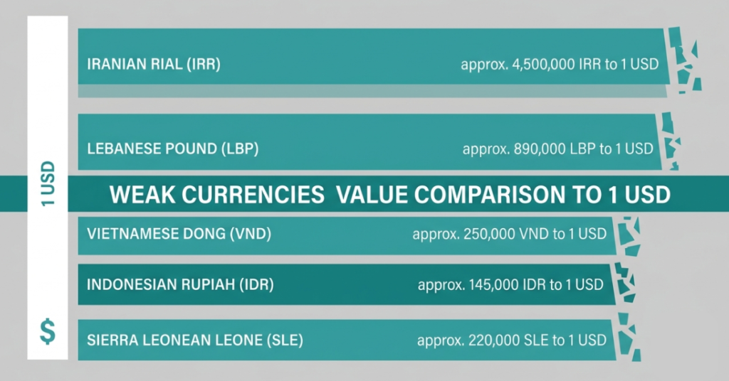 Weakest currencies compared by exchange rate