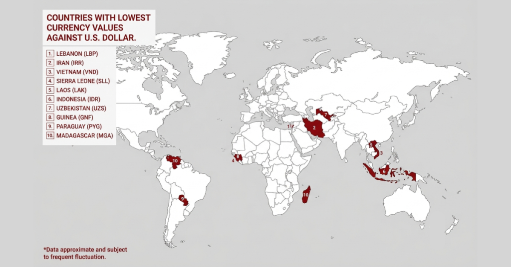 Which country has the lowest value of one dollar