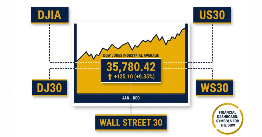 Different broker names for the US30 or Dow Jones Industrial Average index.