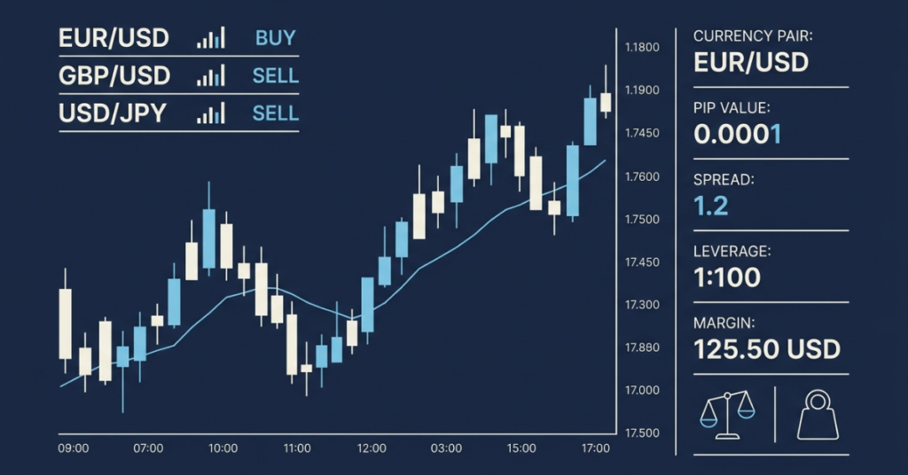 Common forex trading terms and meanings displayed on a trading platform

