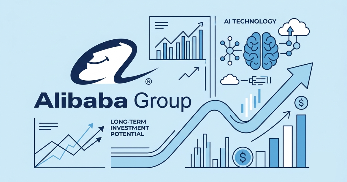 Alibaba stock investment analysis showing growth charts and AI business expansion.