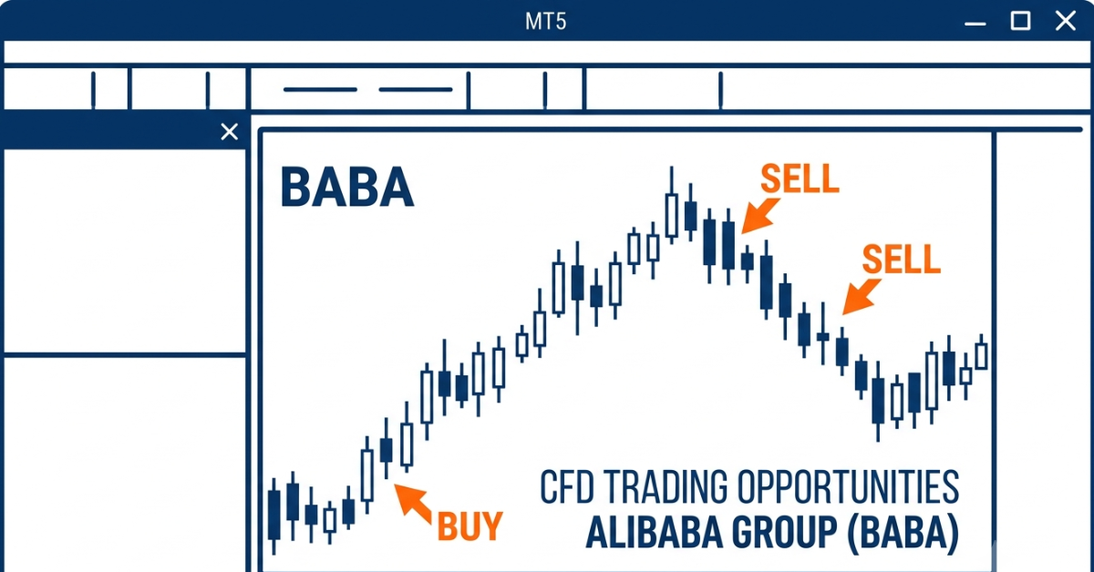 Trading Alibaba stock CFDs on MetaTrader 5 with technical analysis charts.