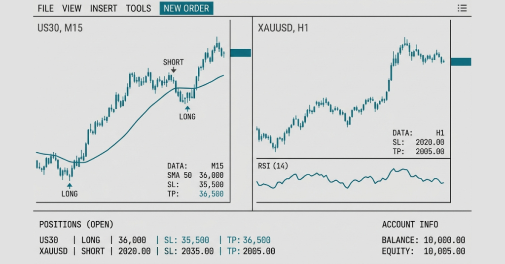 Trading US30 and gold together on MetaTrader 5 using correlation analysis.
