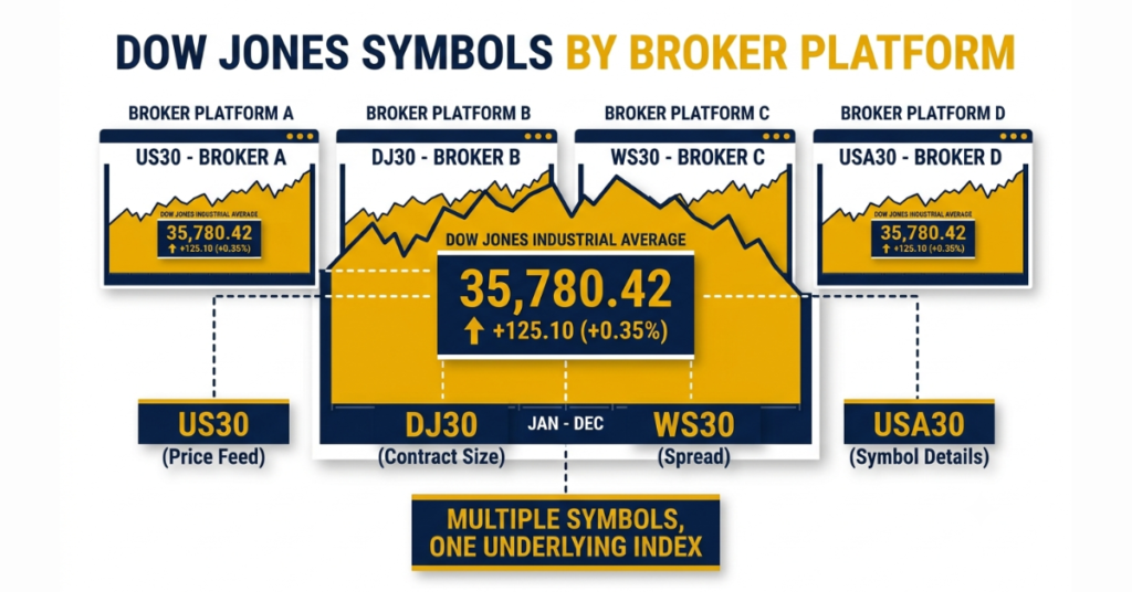 Comparison of US30, DJ30, WS30, and USA30 ticker symbols across trading platforms.