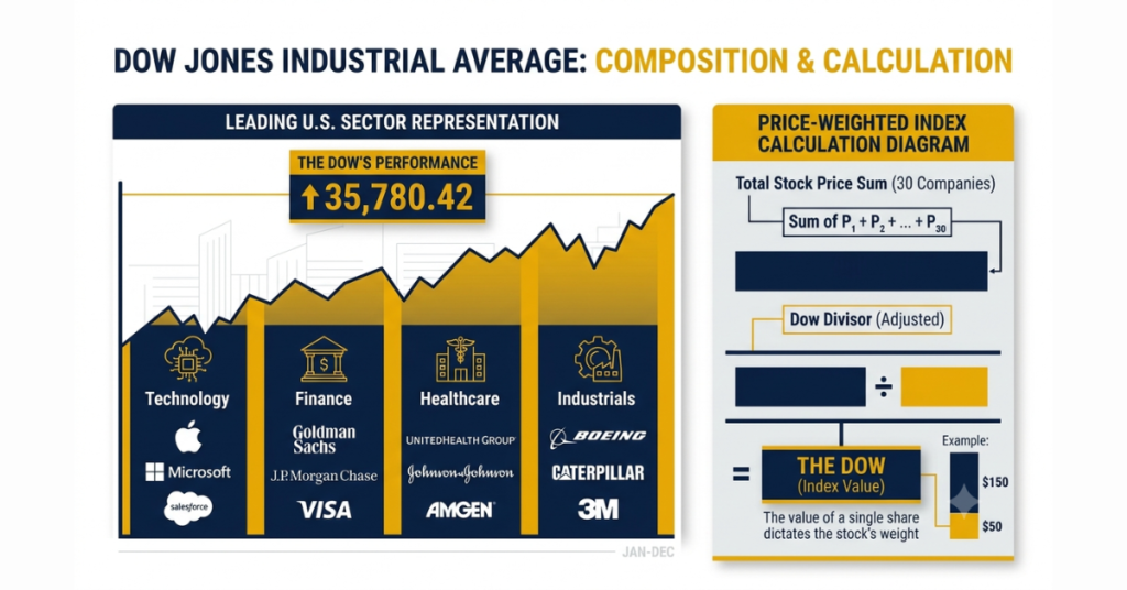 US30 index composition showing major American companies and price-weighted calculation.