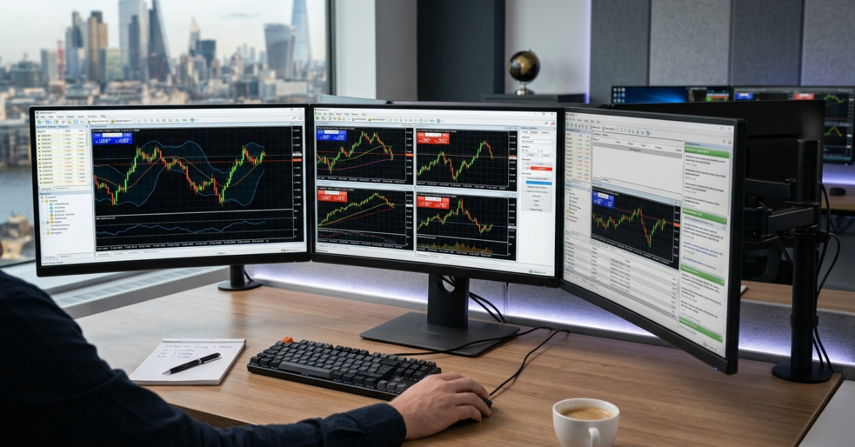 Illustration of a trader monitoring forex charts on three desktop screens